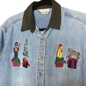 Casey and Max Vintage Christmas buttery soft denim embroidered button down-SZ M
